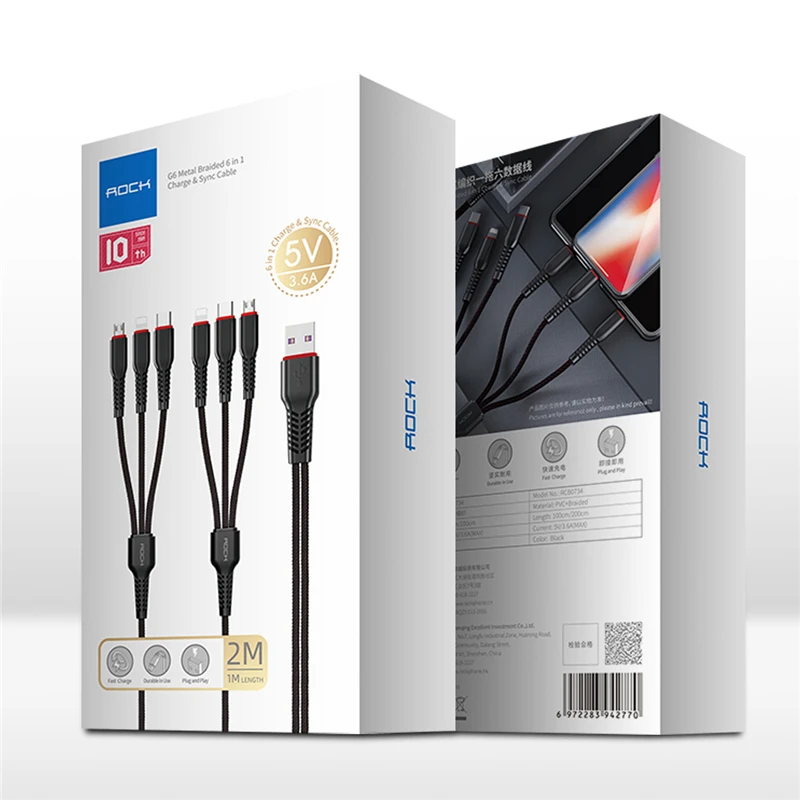 ROCK 6 в 1 usb-кабель для iPhone X XR 8 Lighting type C Micro кабель для samsung S9 S8 Высокопрочный металлический плетеный кабель для быстрой зарядки