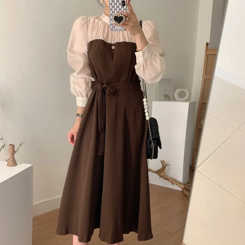 

Korean Chic Dresses Early Autumn French Elegant Waist Lace Up High Sense Color Matching Fake Two-piece Long Dress Women