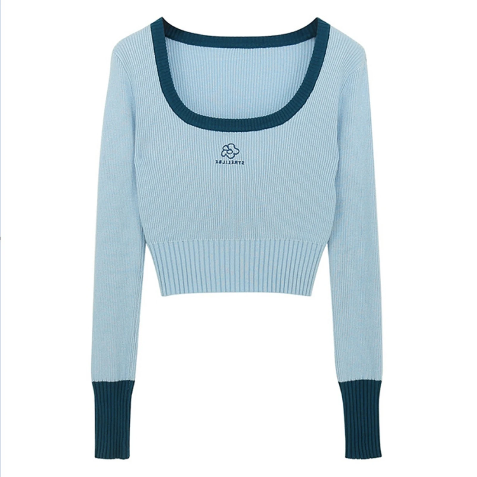 

Women Autumn Long Sleeve Flower Letters Slim Knitwear Crop Top Pullover Blouse