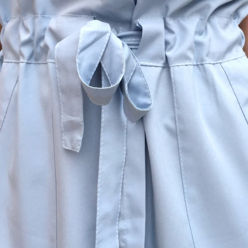 

Turn-down Collar Short Sleeve Side Slit Single Breasted Long Dresses Pockets Elastic Waisted Bandage Women Summer Dress Vestido