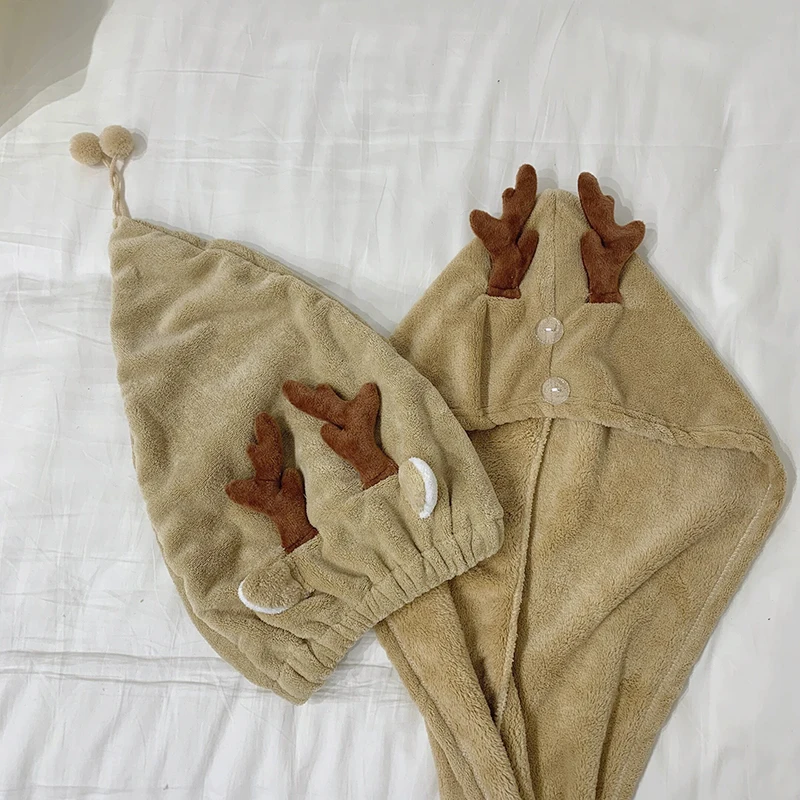 

Cute Antler Dry Hair Cap Women Super Absorbent Towel Quick-drying Shower Cap Cartoon Wipe Turban Thicken