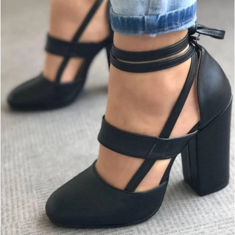 

High Heel Shoes Female 2020 Spring Autumn T-Stage Fashion Sexy Party Thick Heels Shallow Mouth Lace Up Plus Size Women Sandals