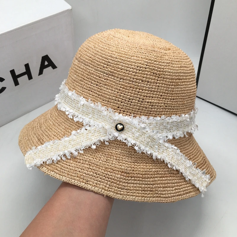 

Summer crochet lafite grass basin straw fisherman hat holiday beach shading sweet bowknot hat