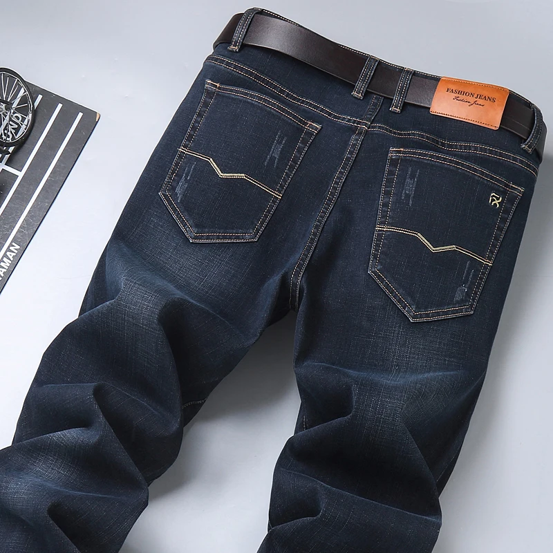 Джинсы мужские классические облегающие, хлопковые эластичные брюки из денима, Классические брендовые штаны, синие Черные, весна 2021
