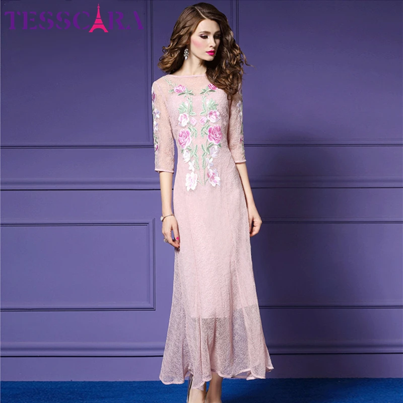 Женское длинное коктейльное платье TESSCARA розовое кружевное с цветочной вышивкой