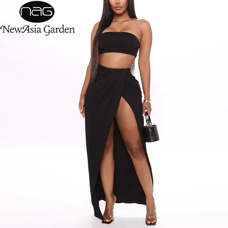

NewAsia Sexy Party Two Piece Set Women Off Shoulder Tube Tops Side Split Long Skirts 2 Piece Set Summer Black Crop Tops Outfits