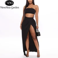 newasia sexy party two piece set women off shoulder tube tops side split long skirts 2 piece set summer black crop tops outfits