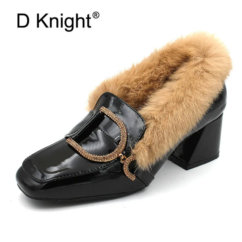 Шапки на кроличьем меху квадратный носок Женская обувь в британском стиле с