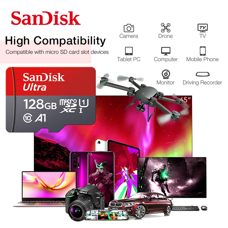 Sandisk карта памяти Micro SD класс 10 256 ГБ 200 128 64 | Компьютеры и офис