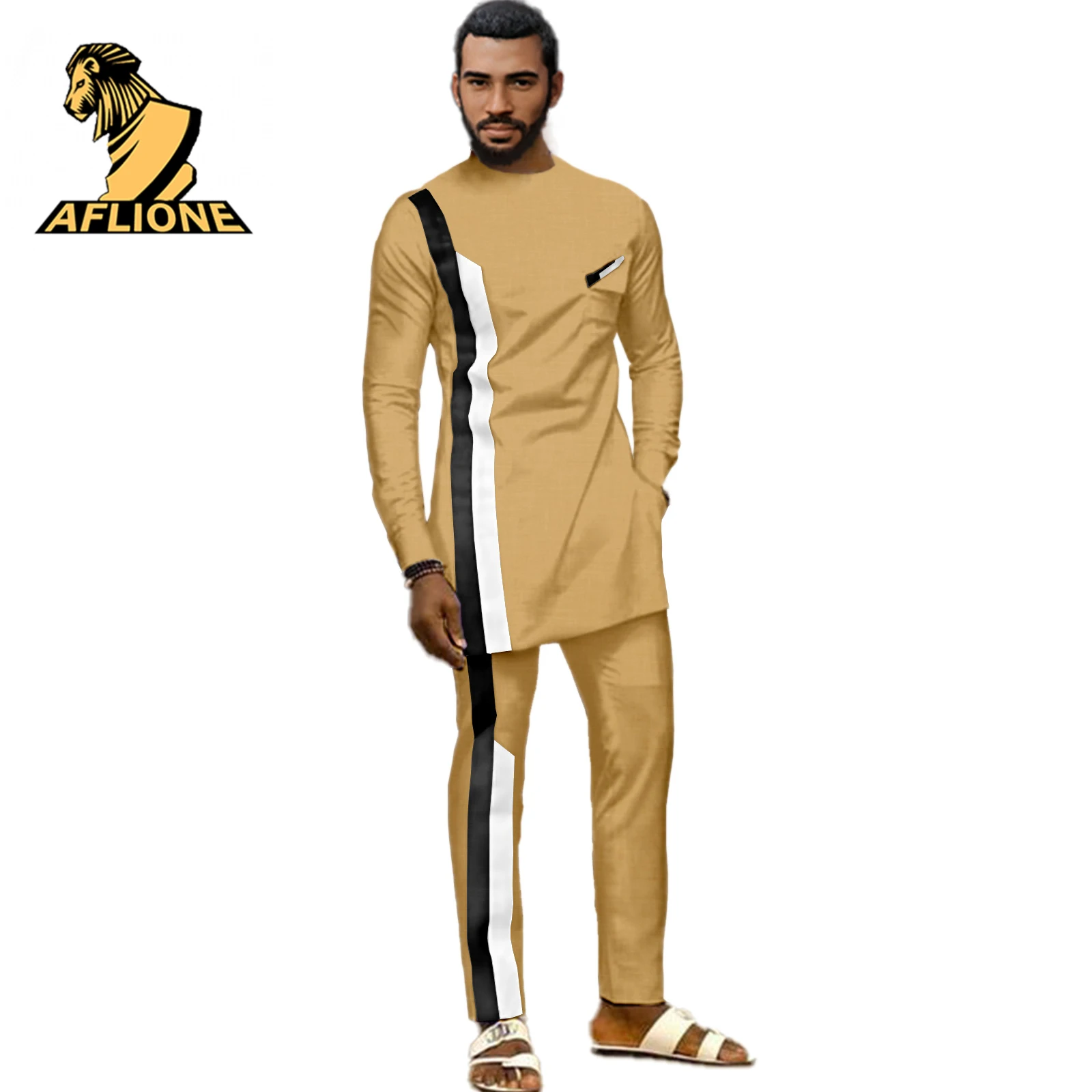 Hippie Clothes African Clothes For Men 2021 Spring Robe Soiree Dashiki Casual Suit Side Vertical Strip Contracted Design 2 Set
