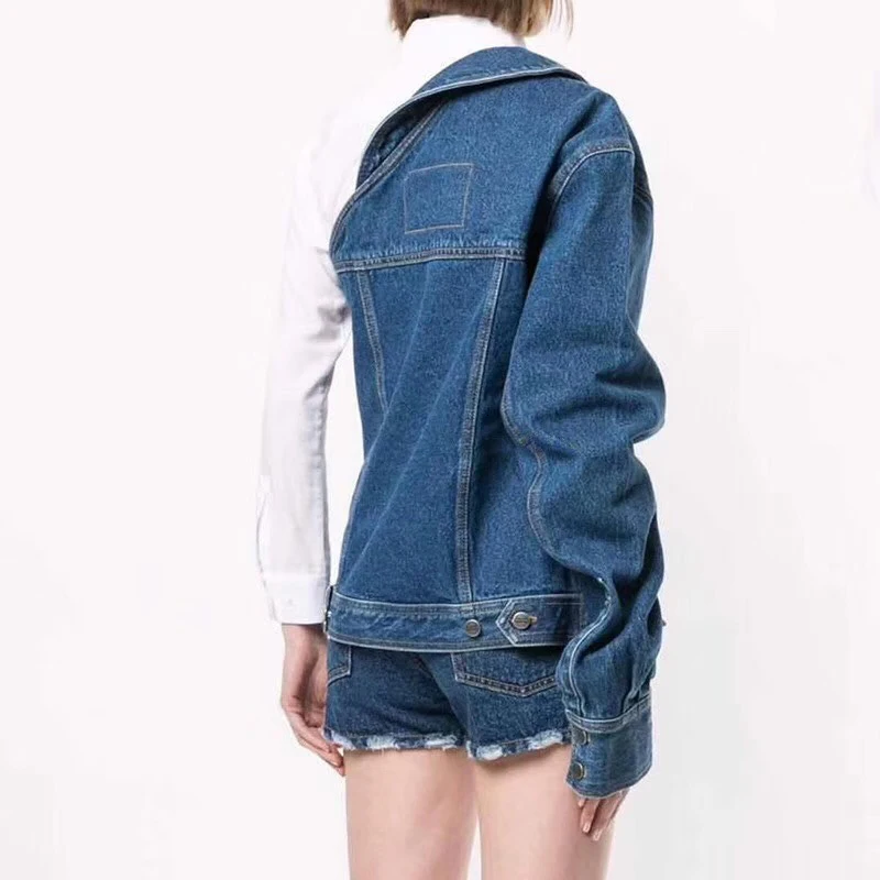 TWOTWINSTYLE ассиметричная джинсовая женская куртка на одно плечо с отворотным воротником, с длинными рукавами и карманами, женские куртки, осенняя мода