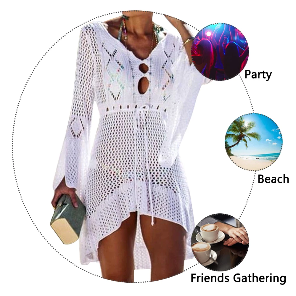 Beach Dress Cover Up Crochet Knitted Tassel Tie Beachwear Tunic Long Pareos Summer Swimsuit Sexy | Женская одежда