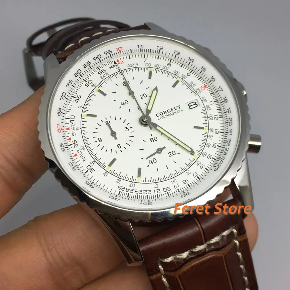 Corgeut 46.5mm Stainless steel case chronograph mens Business wristwatch leather strap white dial Running seconds quartz watch