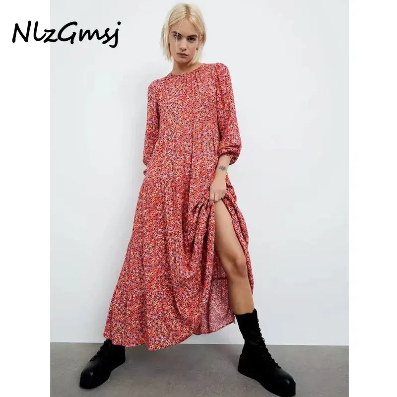 

Nlzgmsj Za Dress Women 2021 Loose O Neck Printed Dresses Lantern Long Sleeve Casual Midi Dress Female Vestidos Mujer 202110