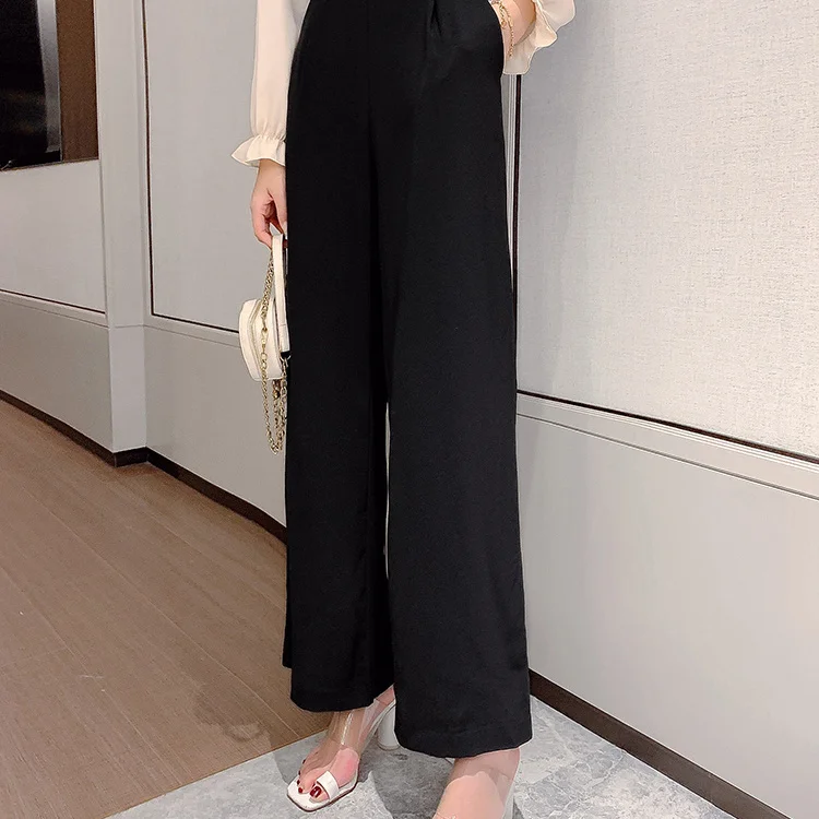 

Jumpsuits for Women Autumn 2020 Korean Office Lady Elegant Chiffon Patchwork V Neck Long Sleeve Wide Leg Overalls Black S111