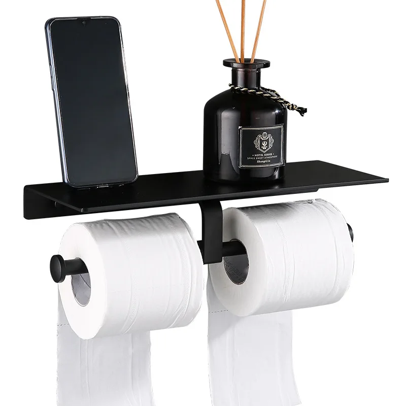 

Matte Black Double Toilet Roll Paper Holder Bathroom Accessories WC Towel Holder Rack Shelf Aluminum Material