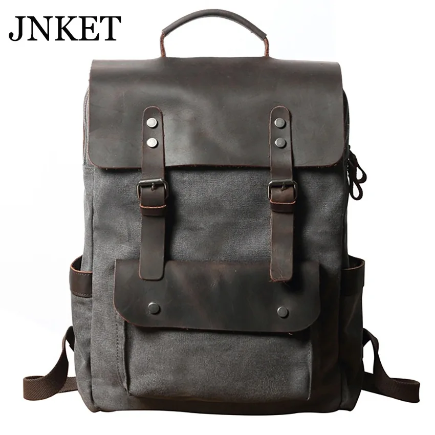 JNKET New Vintage Men Canvas Backpacks Crazy Horse Leather Rucksacks Laptop Bagpack School Bags Mountaineering Travel Pack