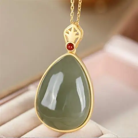 

S925 Sterling Silver Natural Hetian Gray Jade Water Drop Ancient Gold Women's Pendant High-End Green Jade Women's Clavicle Chain
