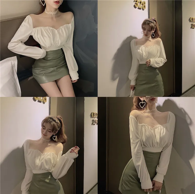 

Autumn and Winter Hong Kong Style Chic off-Shoulder Retro Square Collar Long Sleeve Bottoming Shirt Women's Mesh Velvet Short