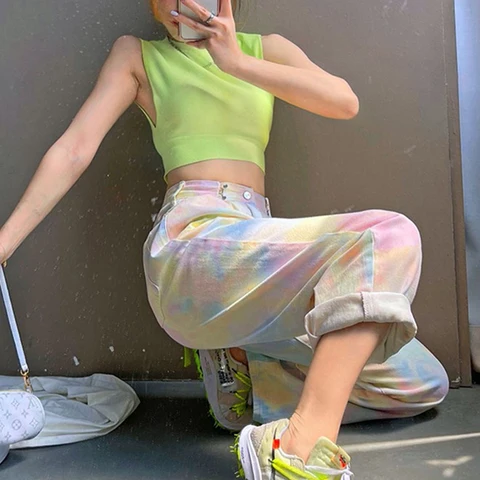 Tonngirls Summer High Waist Jeans Tie Dye Cotton Denim Pants Women Y2k Vintage Jeans Casual Loose Wide Leg Jeans Trousers Female