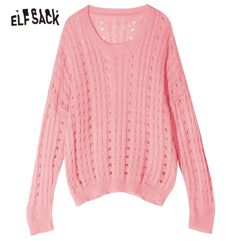 ELFSACK Multicolor Solid Minimalist Cut Out Casual Knit Pullover Sweater Women 2020 Spring Pure Long Sleeve Korean Ladies Top | Женская