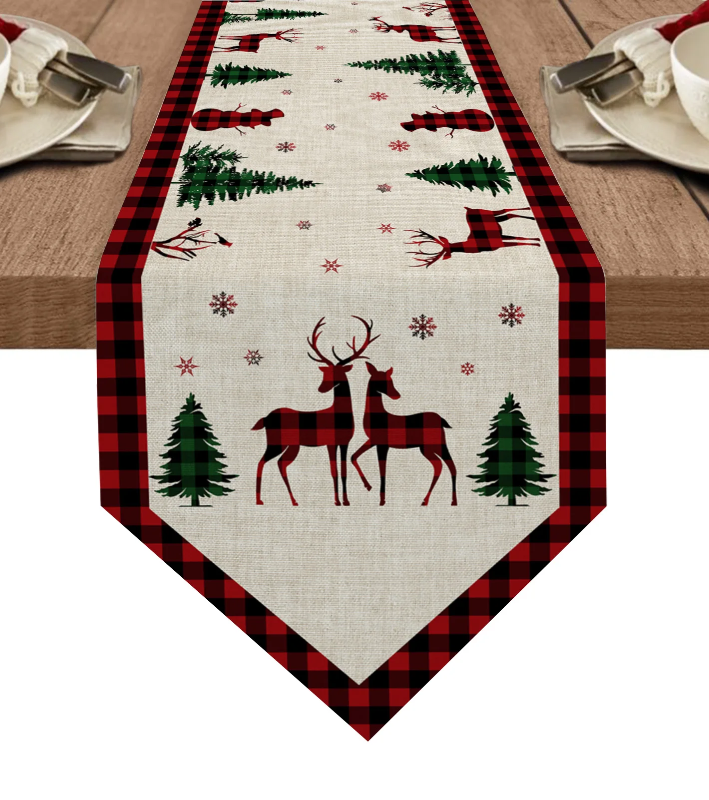 

Christmas Snowflake Elk Tree Red Plaid Linen Table Runner Placemat Coaster Table Desktop Christmas Decoration For Home Decor