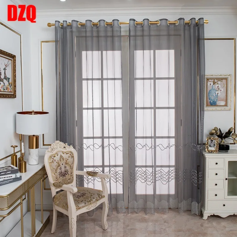 

Golden Coffee Geometric Embroidery Tulle Curtains for Living Room Bedroom Modern Luxury Sheer Curtains