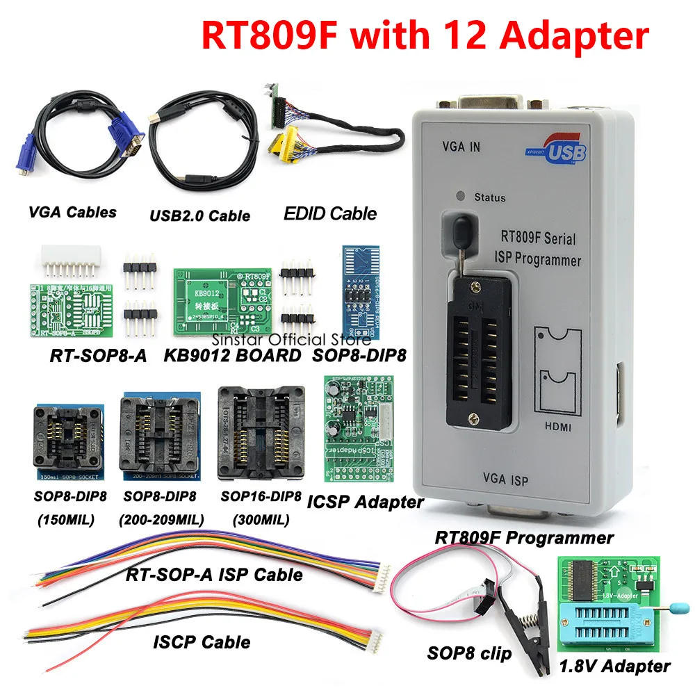 Оригинальный программатор RT809F + 11 адаптеров зажим SOP8 1 8 В/TSSOP8 разъем VGA LCD ICSP плата
