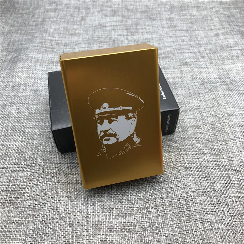 golden Август Сталин алюминиевый сплав портсигар лазерные резные советское соединение Сталин сигареты коробки курительные Держатели - Color: golden