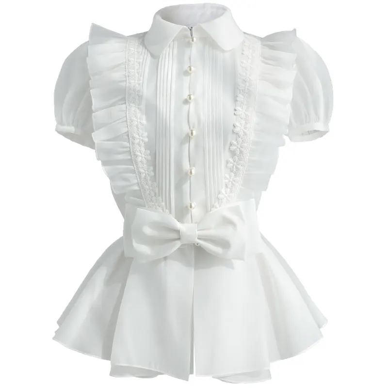 

Dabuwawa Elegant Lace Blouse Shirt Women Ruffles Puff Sleeve Bow Blouse Female Summer Tops Office Lady Pearl Button DO1BST002