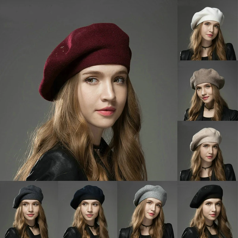 

Берет женский модный во французском стиле Осень-зима простая шапка Стразы шерстяной Теплый уличный покупок винтажные береты