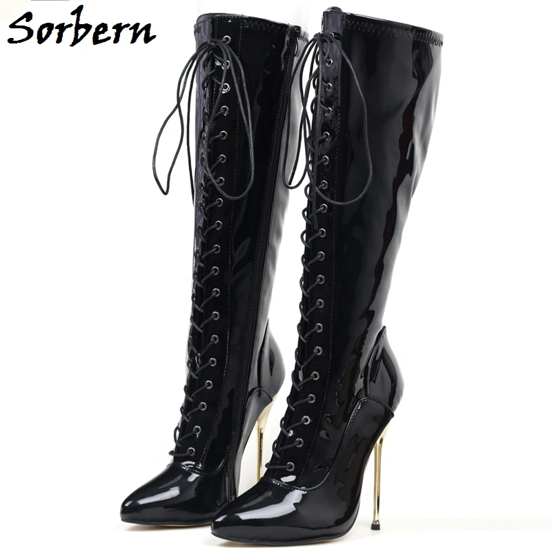 

Sorbern Fashion Knee High Boots Patent Black Metal High Heel 14Cm Stilettos Lace Up Pointy Toe Custom Wide Or Slim Calf Fit Boot