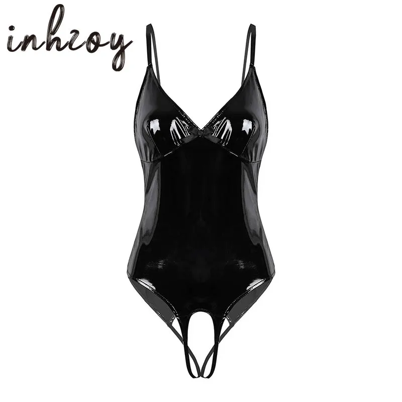 

Women Wetlook Black Patent Leather Lingerie Bodysuit Open Crotch Sexy Costume Crotchless Erotic Body Suit Sissy Catsuit Clubwear
