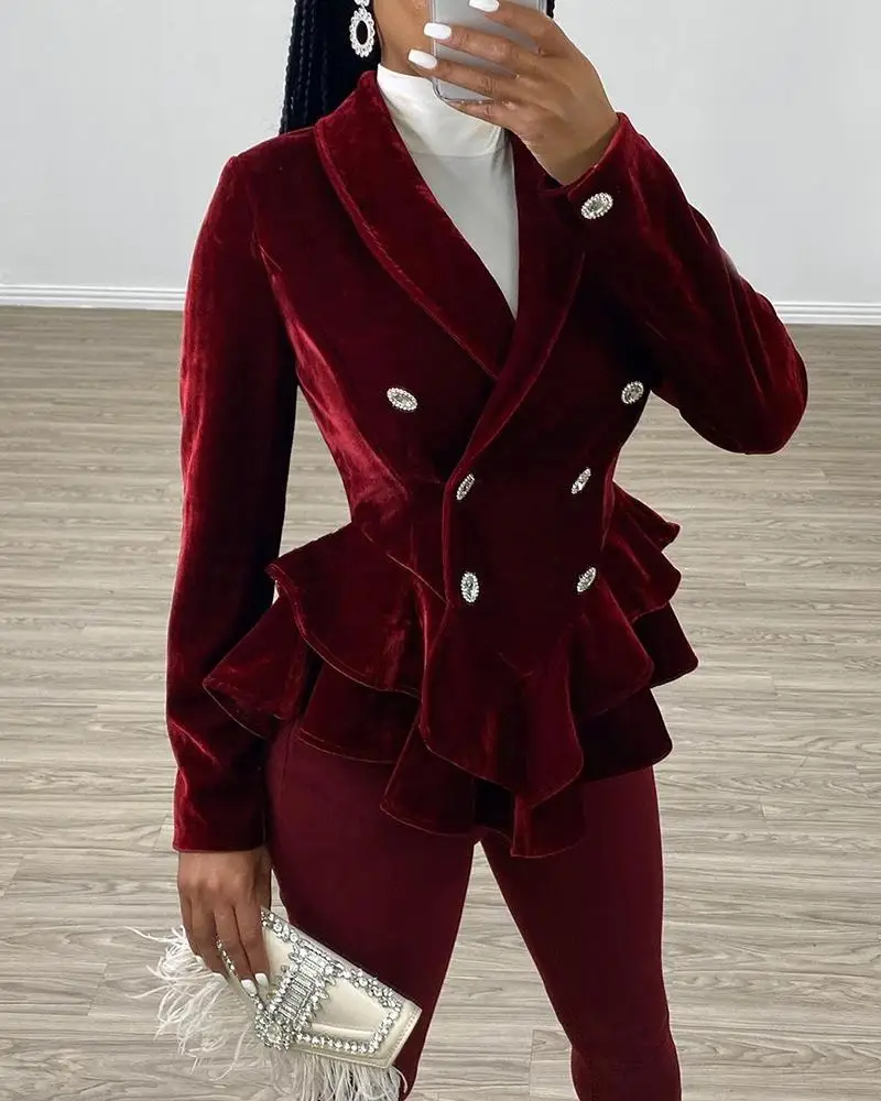 OL двубортный бархатный блейзер с рюшами рабочая одежда для женщин длинным