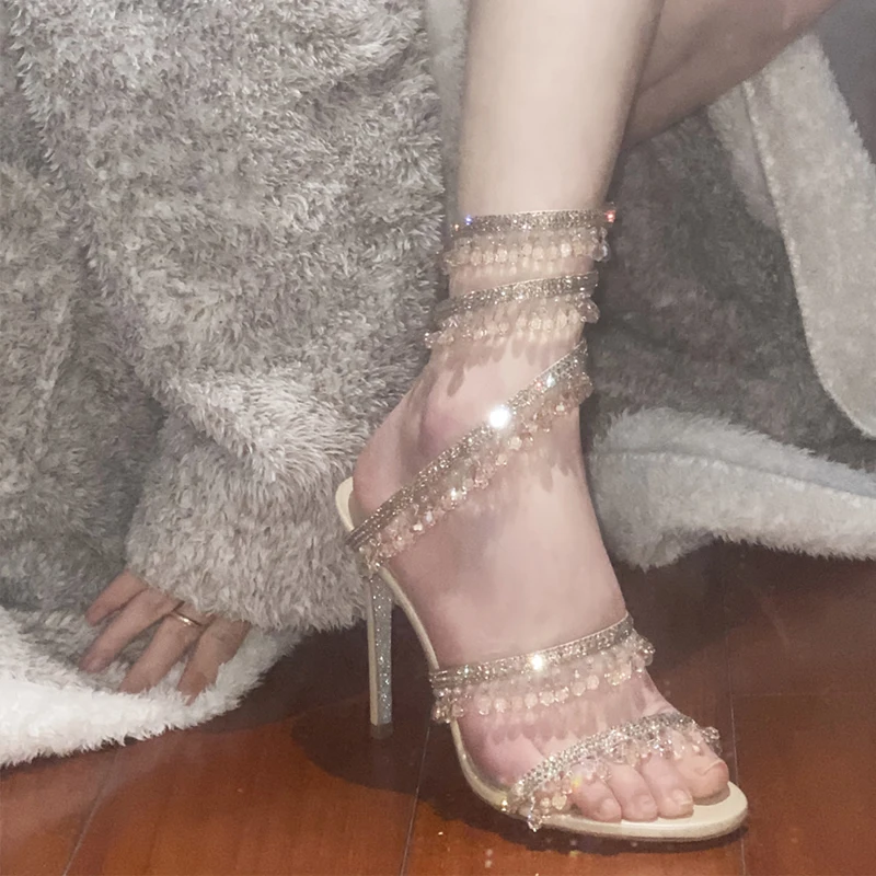 2022 Summer Crystal Pendant Sandals Women Stiletto Open Toe High Heels Sandalias Female Party Wedding Shoes Women Zapatos Mujer
