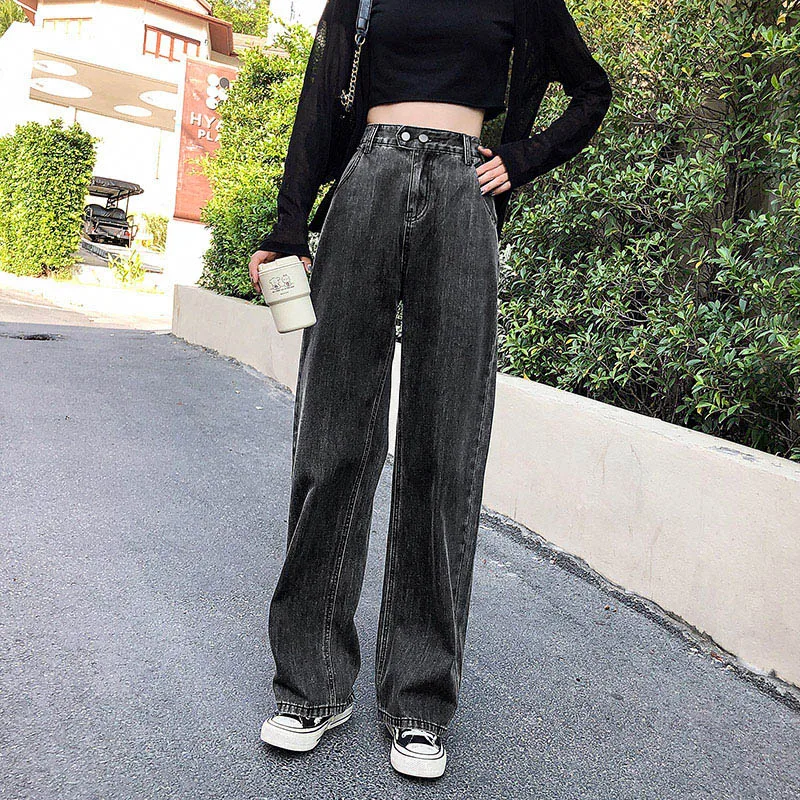 Джинсы женские с высокой талией и широкими штанинами синие эластичные джинсы