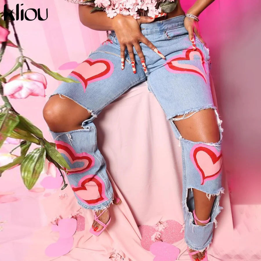 

Kliou Cotton Heart-shaped Jeans Casual High Waist Women Summer Destroyed Ripped Distressed Slim Cool Denim Streetwear Pants