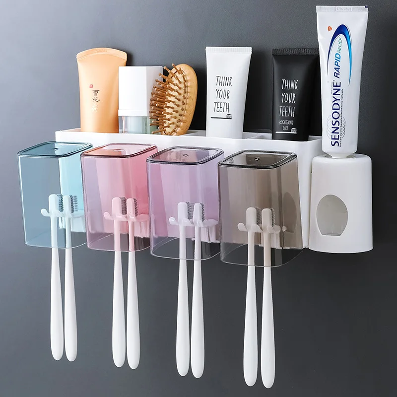

Punch Free Toothbrush Holder Plastic Automatic Toothpaste Dispenser Wall Mount Toothbrush Holder With Cups Bathroom Accessories