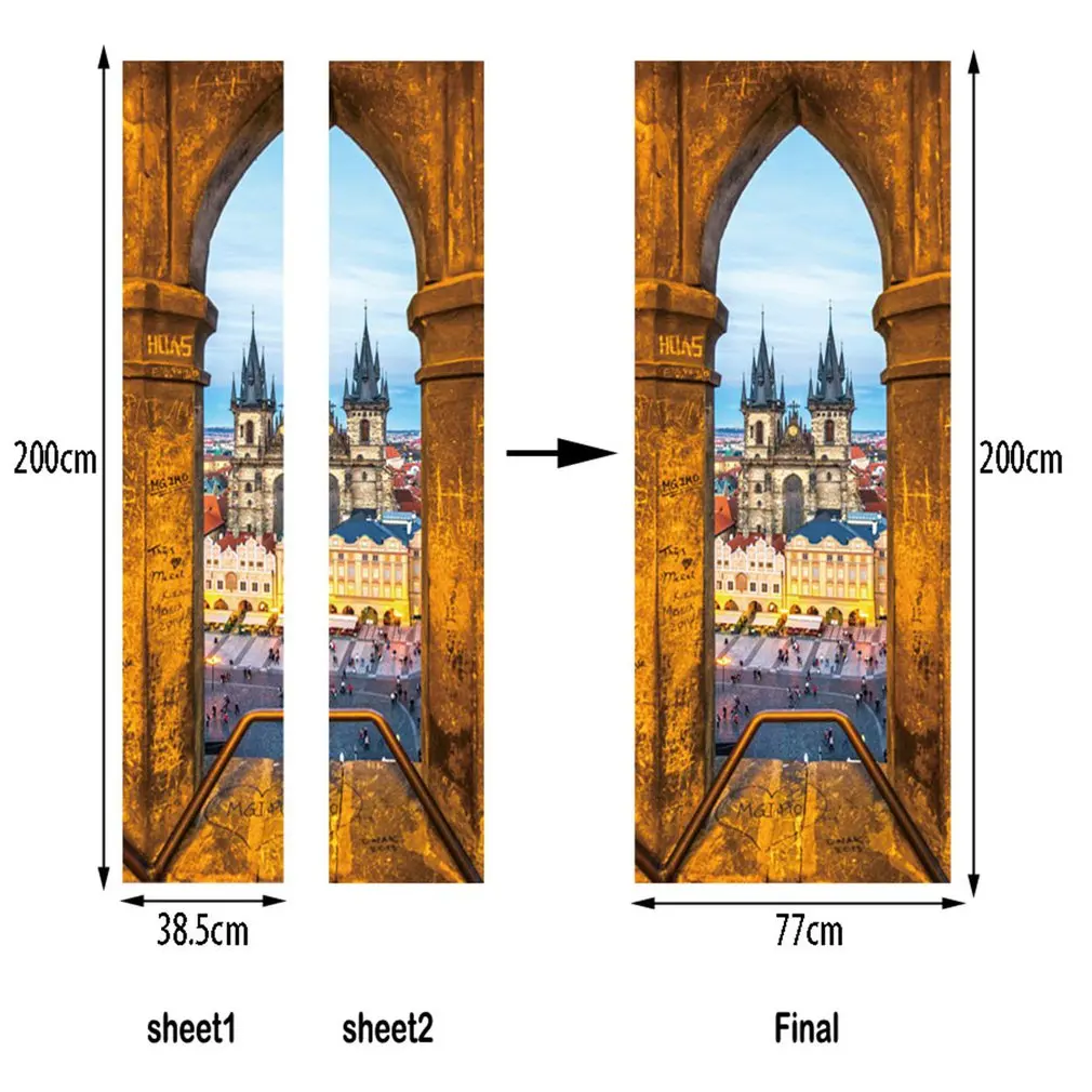 

2pcs/set Creative DIY Door Sticker Prague Square Church Art Mural Self-adhesive PVC Wall Stickers Home Decor Wallpaper