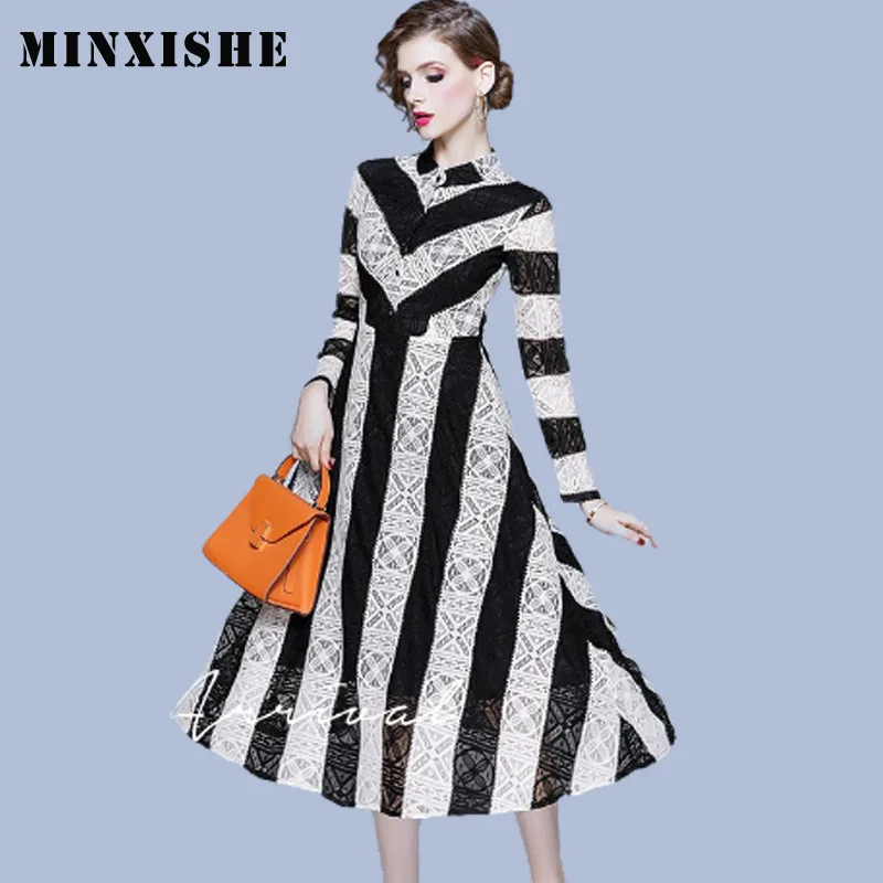 Кружевное Полосатое женское платье с длинным рукавом однобортное высокой талией