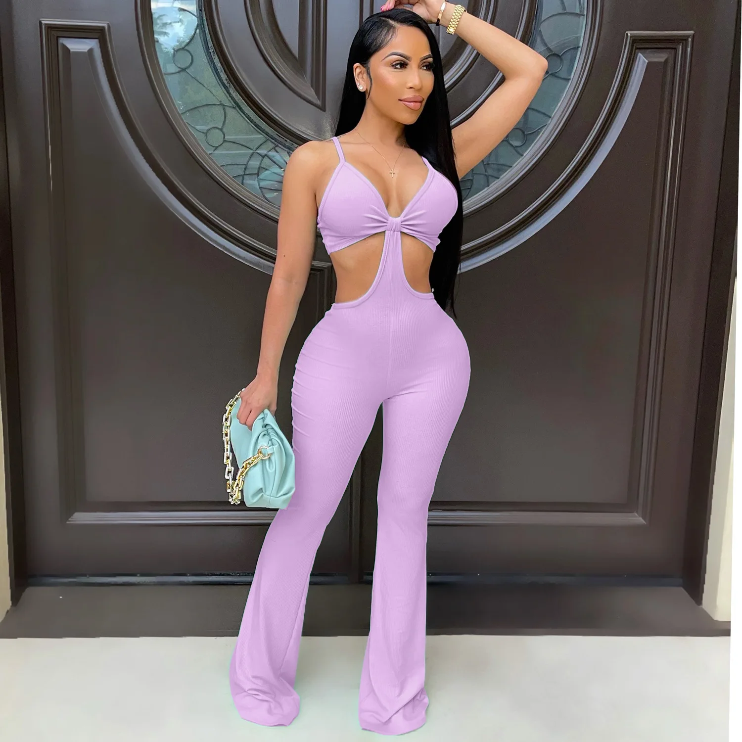 

2021 Summer New Sexy Fashion Women's Nightclub Sexy Halter Vest Jumpsuit Stretch Slim Fit Flared Pants Jumpsuit