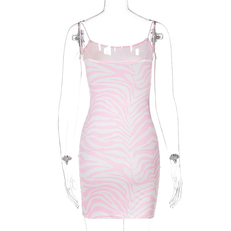 

2000s Aesthetics Zebra Print Pink Cami Dresses Y2K Streetwear Cute Backless Bodycon Mini Dresses Summer Vintage Outfits