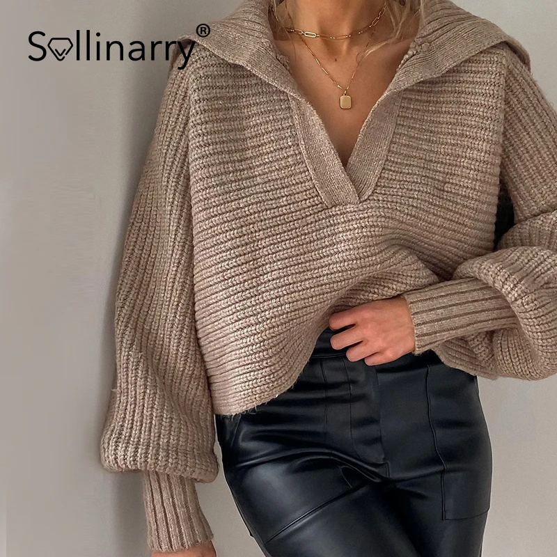 

Sollinary Sexy V-neck polo collar pullovers women High street loose knitted tops Elegant bishop sleeve solid sweater lady