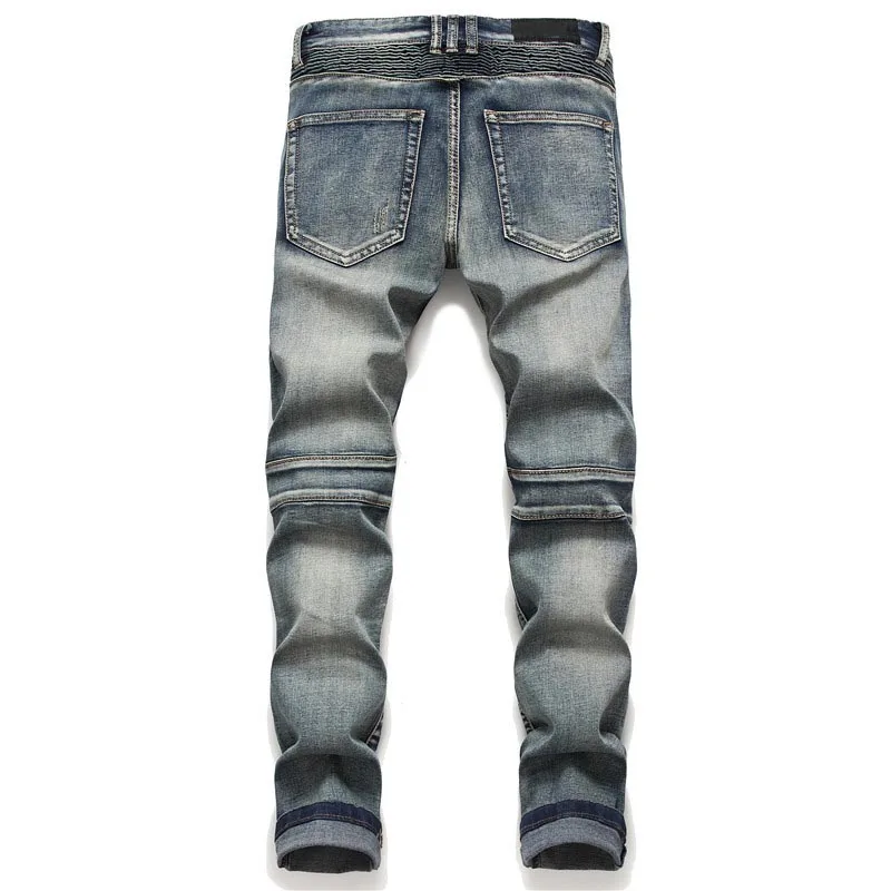 

KIOVNO Men Biker Ripped Denim Trousers Washed Pleated Distressed Jeans Pants For Male Straight Size 29-38