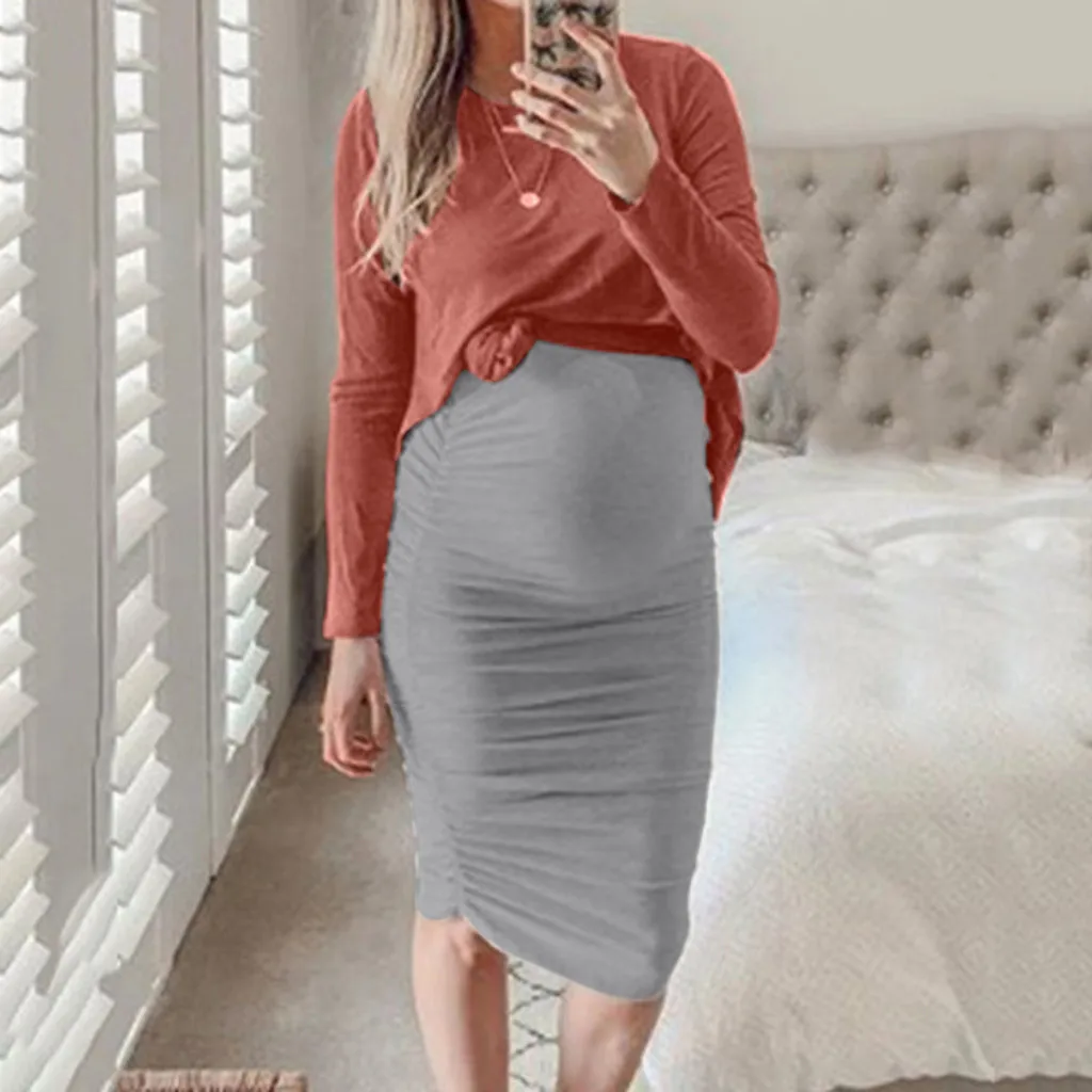 

#50Women Pregnant Maternity O-neck Long Sleeve Solid Tops Skirt Sexy Set Dress Tops Skirt Sexy Set Dress For Breastfeeding