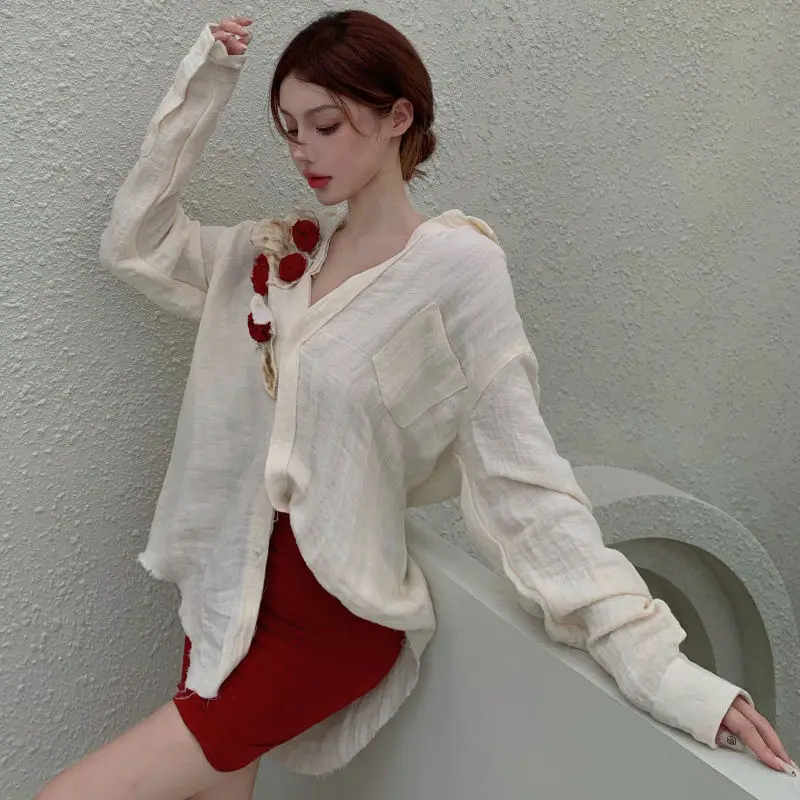 

Women Shirt Linen Autumn Spring Vintage Full Vintage Appliques Turn-down Collar Korean Ladylike Casual Shirt All-match Mori Girl