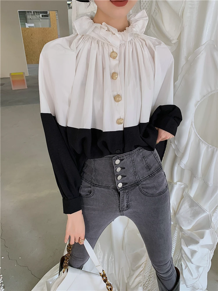 

Женский джемпер с рюшами на пуговицах, дизайнерская Толстовка большого размера, пуловер, свитшоты, осенняя одежда, 2021