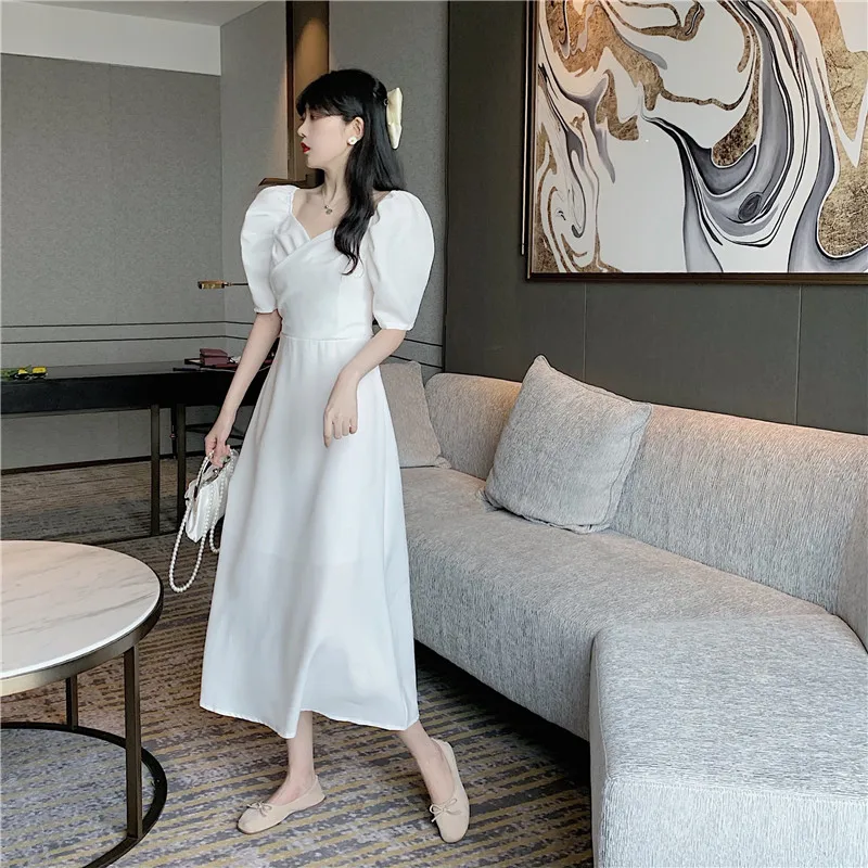 

COIGARSAM Chiffon Women dress Puff Sleeve High Waist V-Neck Dresses White 188