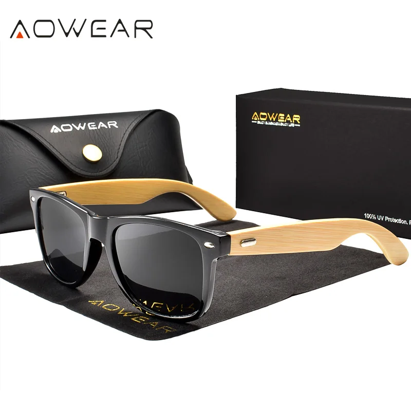 Black AOWEAR бамбуковые Квадратные Солнцезащитные очки для женщин поляризованные очки ночного видения желтые очки Женские Модные Винтажные Солнцезащитные очки Gafas De Sol - Цвет линз: Black