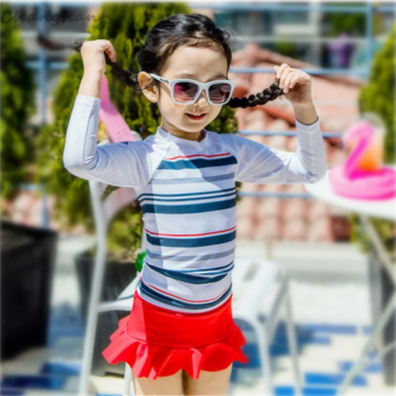 

New Model 2-8 Y Girls Two Pieces Swimwear Stripe Long Sleeve Child Surfing Suit Swimsuit Kids Red Rash Guard Baby Swim Pool